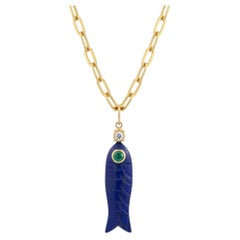 Lapis Lazuli Fish Pendant with Emerald, Diamond & 14k Gold