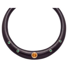 Wood Collar Necklace with Gold Bezeled Citrine & Emeralds, 14k Gold