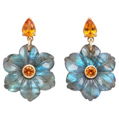 FLORA Earrings, Labradorite Flowers with Mandarin Garnets, Diamonds & 14k Gold