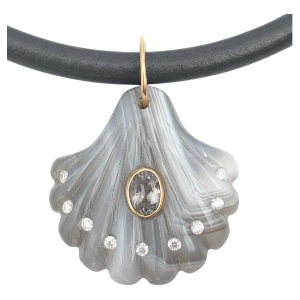 Laguna Agate Shell Pendant with Light Grey Spinel, Diamonds & 14k Gold