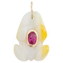 Frog Pendant with Center Ruby on a Ruby and Gold Beaded Necklace, 14k
