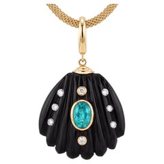 Black Onyx Shell Pendant with Emerald, Diamonds & 14k Gold