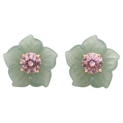 FLORA, Pendientes de botón con forma de flor de aventurina verde, turmalina rosa y oro de 14k