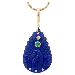Lapis Peacock Pendant with Emerald, Diamonds & 14k Gold