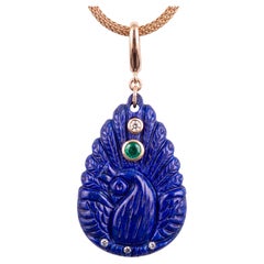 Lapis Peacock Pendant with Emerald, Diamonds & 14k Gold