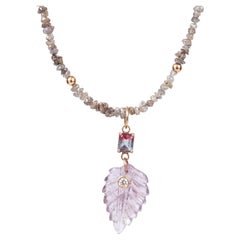 Tourmaline & Diamond Pendant on a Rough Cut Champagne Diamond Necklace, 14k Gold