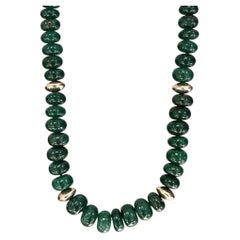 Nephrite Green Jade and 14k Gold Smooth Rondelle Beaded Necklace, 20"