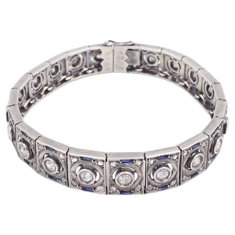 Art Deco bracelet diamonds, sapphires on silver, Edwardian period For Sale