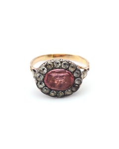 Antique Georgian Gold Silver Pink Paste Ring, Circa 1800s Foiled Glass Closed