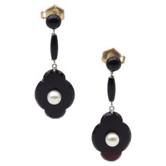 Antique French Gold Earrings with Onyx and Pearls, gold and platinum