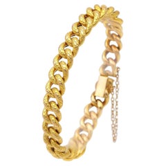 Antique 1900s French Butter Gold Curb Link Bracelet, Scale Engraved Pattern Mesh