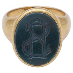 French antique 18K gold signet ring with bloodstone jasper intaglio monogram RS