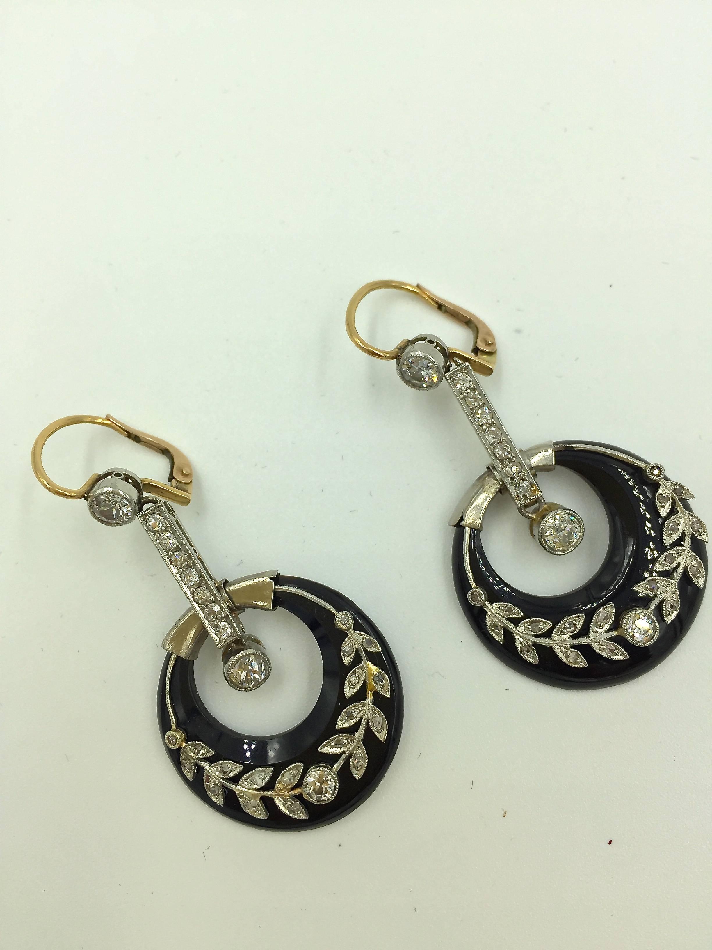 Art Deco Onyx Diamond Platinum Drop Earrings In Excellent Condition For Sale In Potts Point, NSW