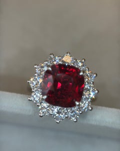 6.57 Carat Natural Burma No Heat Red Spinel Diamond Platinum Ring