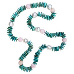 White South Sea Australian Pearl, Carve Pink Opal, and Turquoise Disc Necklace