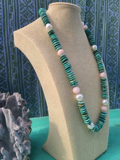 White South Sea Australian Pearl, Carve Pink Opal, and Turquoise Disc Necklace