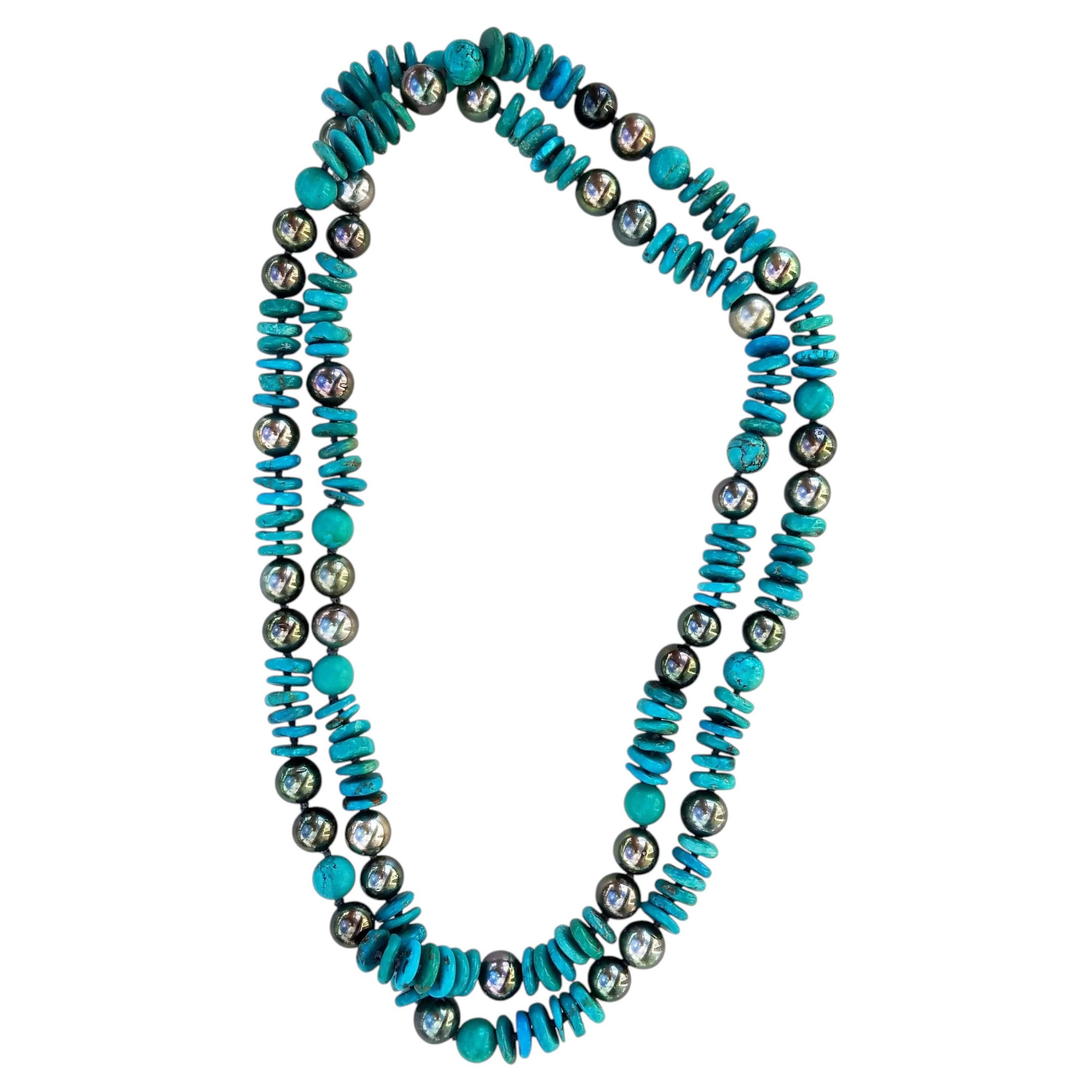 Tahitian Pearls and Turquoise knotted Necklace