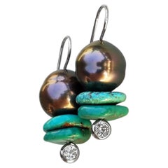 Tahitian Pearls and Turquoise disc Earrings in Sterling Silver