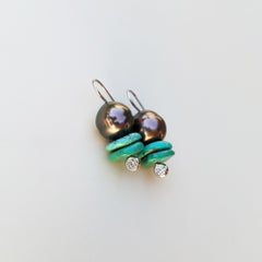Tahitian Pearls and Turquoise disc Earrings in Sterling Silver