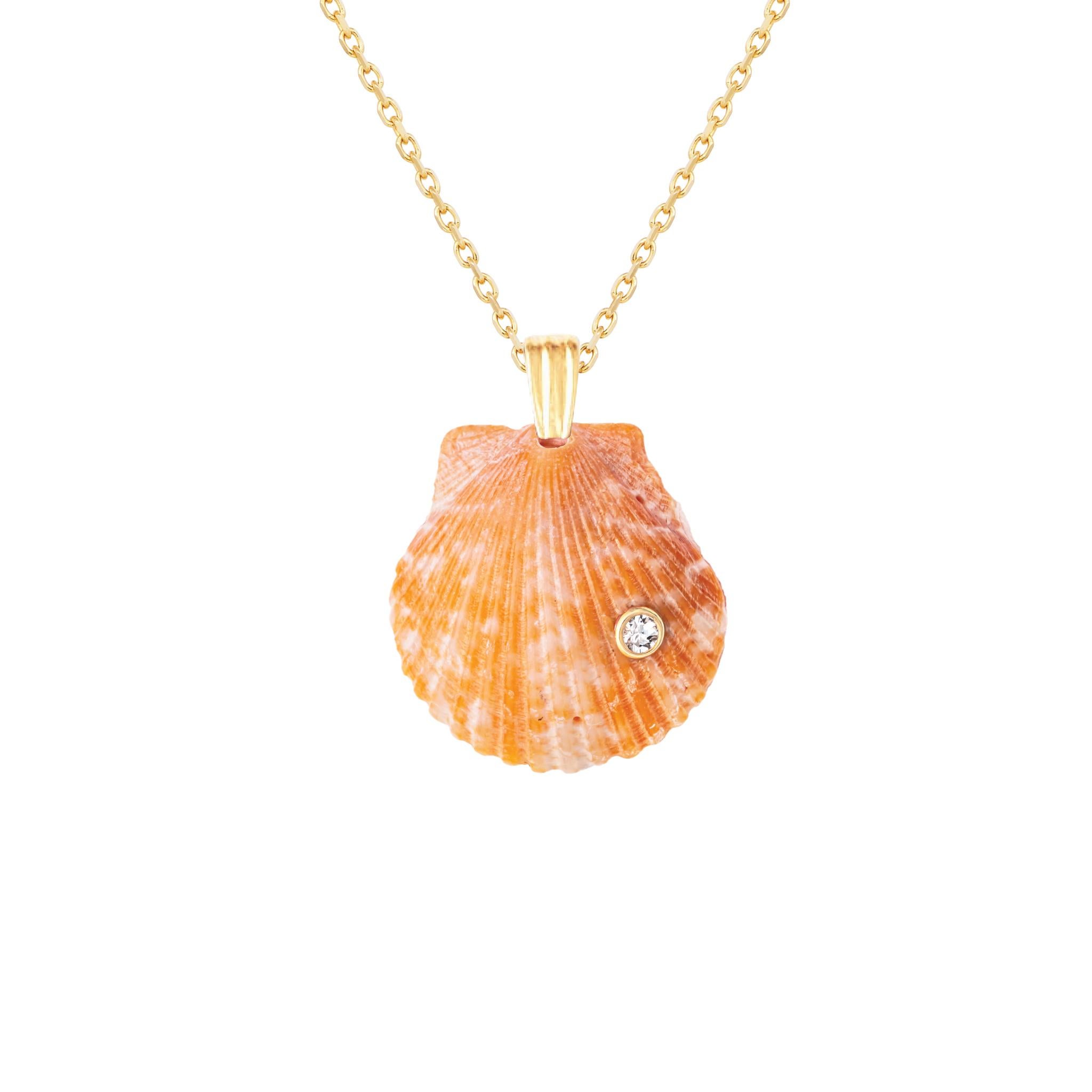 Pendentif en forme de coquillage naturel, orné d'un saphir blanc naturel et d'un fermoir en or massif 14k. Portez ce pendentif seul ou superposez-le à d'autres chaînes en or pour obtenir un bel effet de superposition.  

La commande comprend un