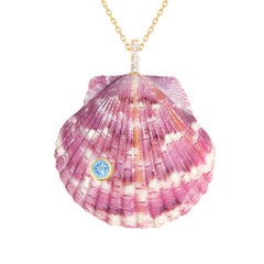 Pink Shell Pendant with Natural Diamonds and Blue Topaz