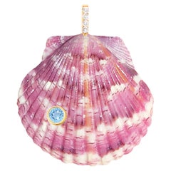 Pink Shell Pendant with Natural Diamonds and Blue Topaz