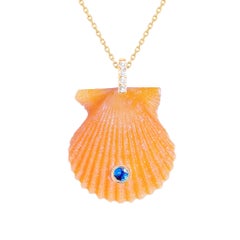 Orange Shell Pendant with Natural Diamonds and Blue Sapphire