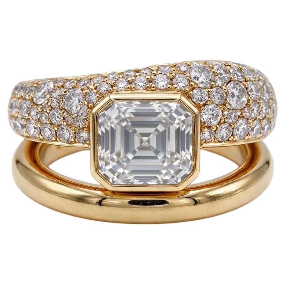 For Sale:  Certified 3ct white sapphire ring with round diamonds in 18k Yellow Gold