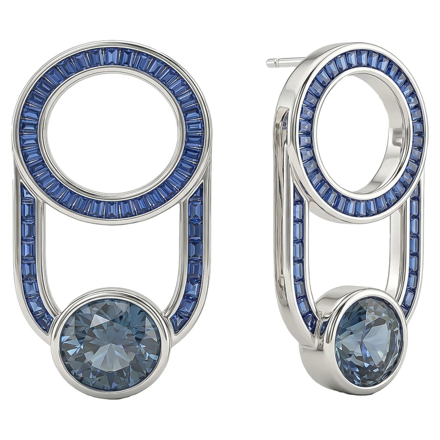 Pendientes desplegables de oro blanco, zafiro y espinela