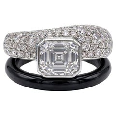 Asscher cut white sapphire cocktail ring with mixed size round diamonds and onyx
