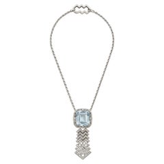 Orecchini pendenti a cascata con diamanti e acquamarine d’epoca, in oro bianco 18 carati e platino