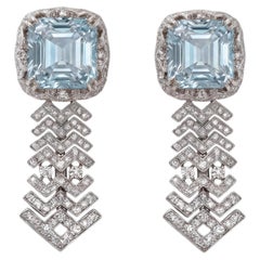 LÖF Art Deco Diamond and Aquamarine 18k white gold drop down earrings