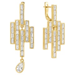 LÖF 18k Yellow Gold Art Deco Baguette and Antique Pear Diamond dangle earrings