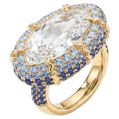 LÖF Art Deco 18k Yellow Gold Sapphire, Aquamarine and Topaz cocktail ring