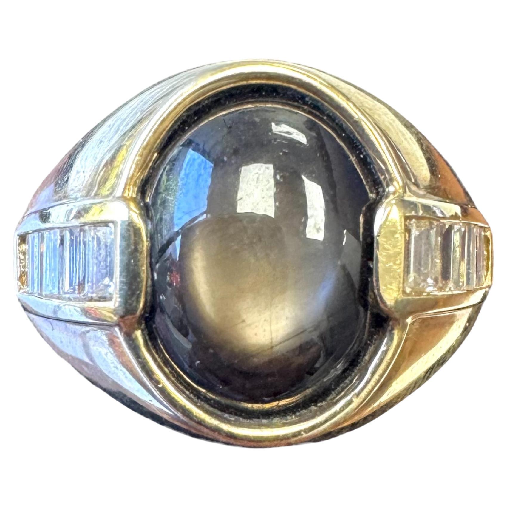 18K Yellow Gold Ring with Black Star Sapphire and Baguette Diamond Accents