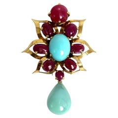 Vintage 18K Yellow Gold Cabochon Ruby and Turquoise Pendant Pin