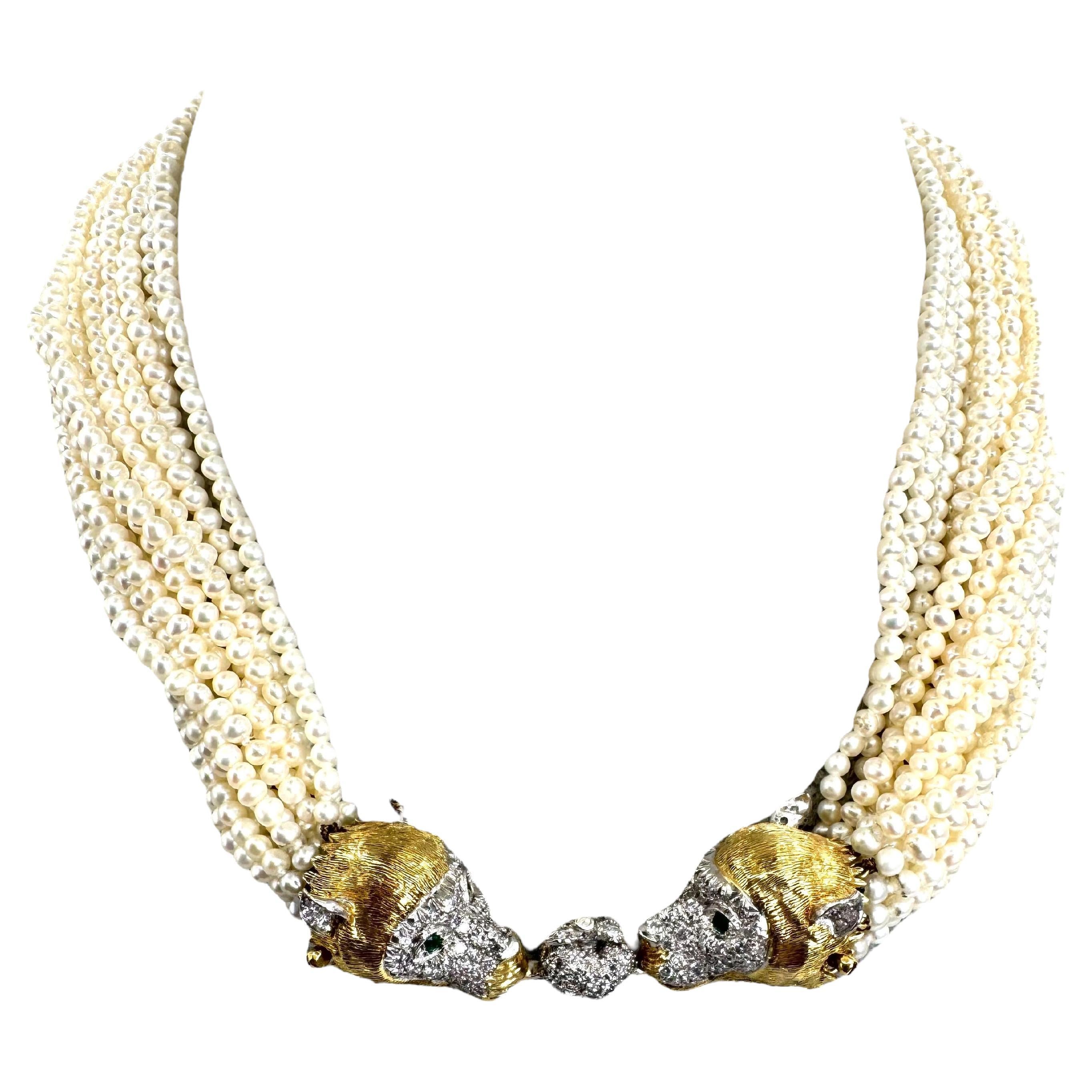 Halskette aus 14 Karat Gelbgold mit Perlen und Diamanten