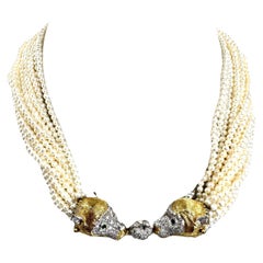 Halskette aus 14 Karat Gelbgold mit Perlen und Diamanten