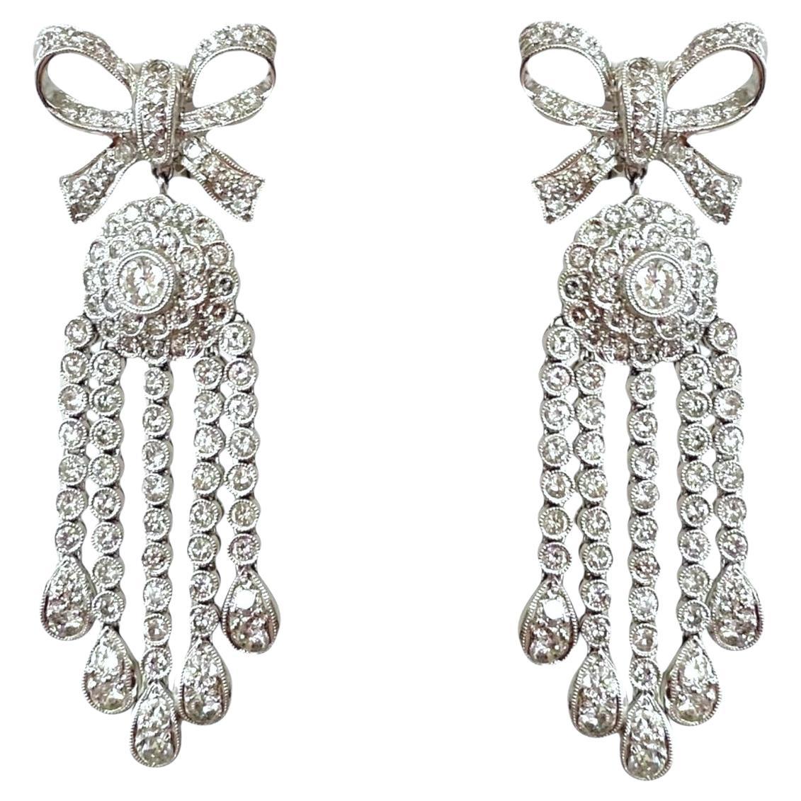 Vintage Platinum Diamond Bow Chandelier Earrings
