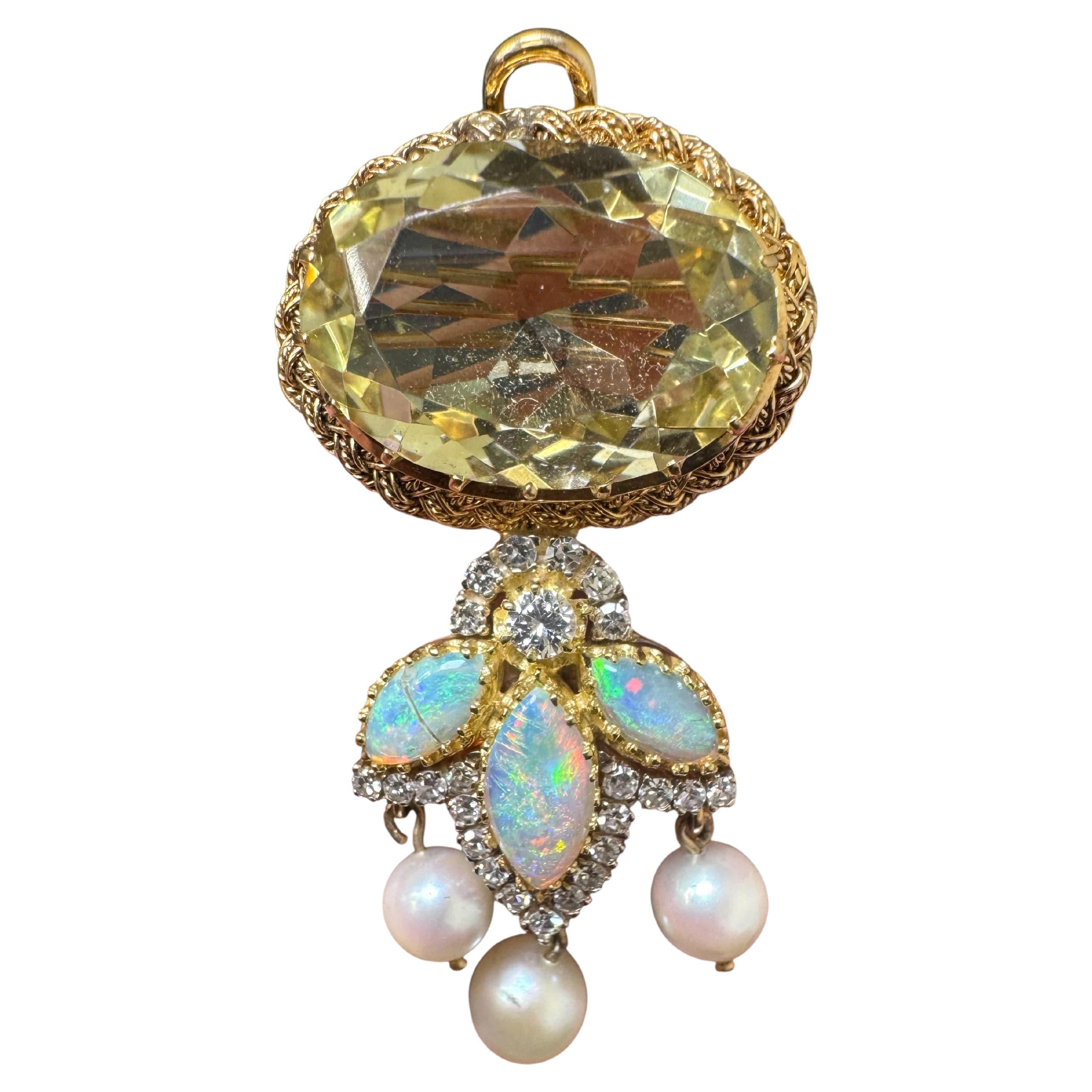 Victorian Citrine, Opal, Diamond, and Pearl Crescent Brooch