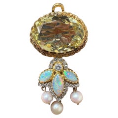 Antique Victorian Citrine, Opal, Diamond, and Pearl Crescent Brooch