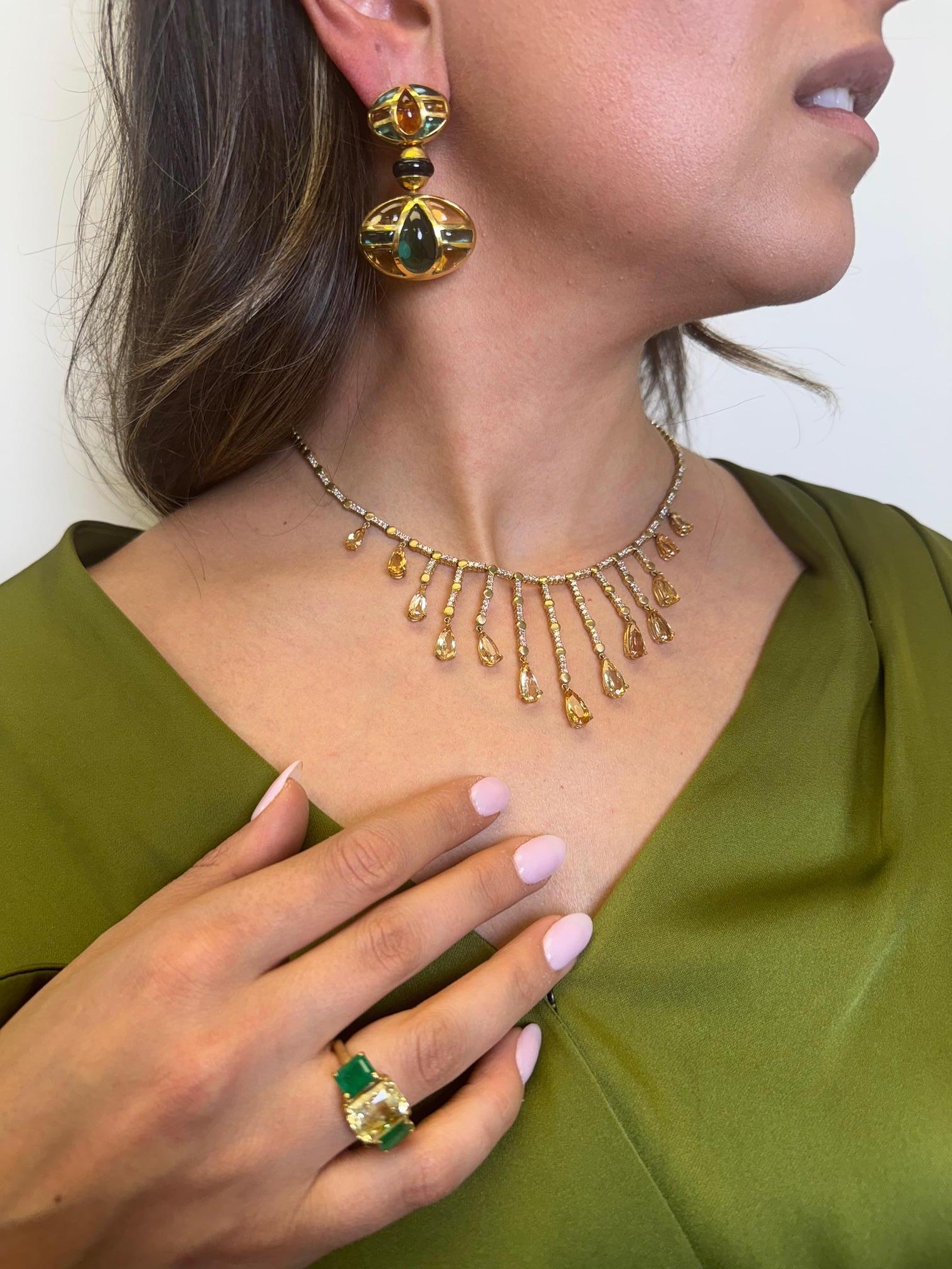 Collana vintage con frange di diamanti e topazio imperiale in oro giallo 14K In condizioni ottime in vendita a Great Neck Plaza, NY