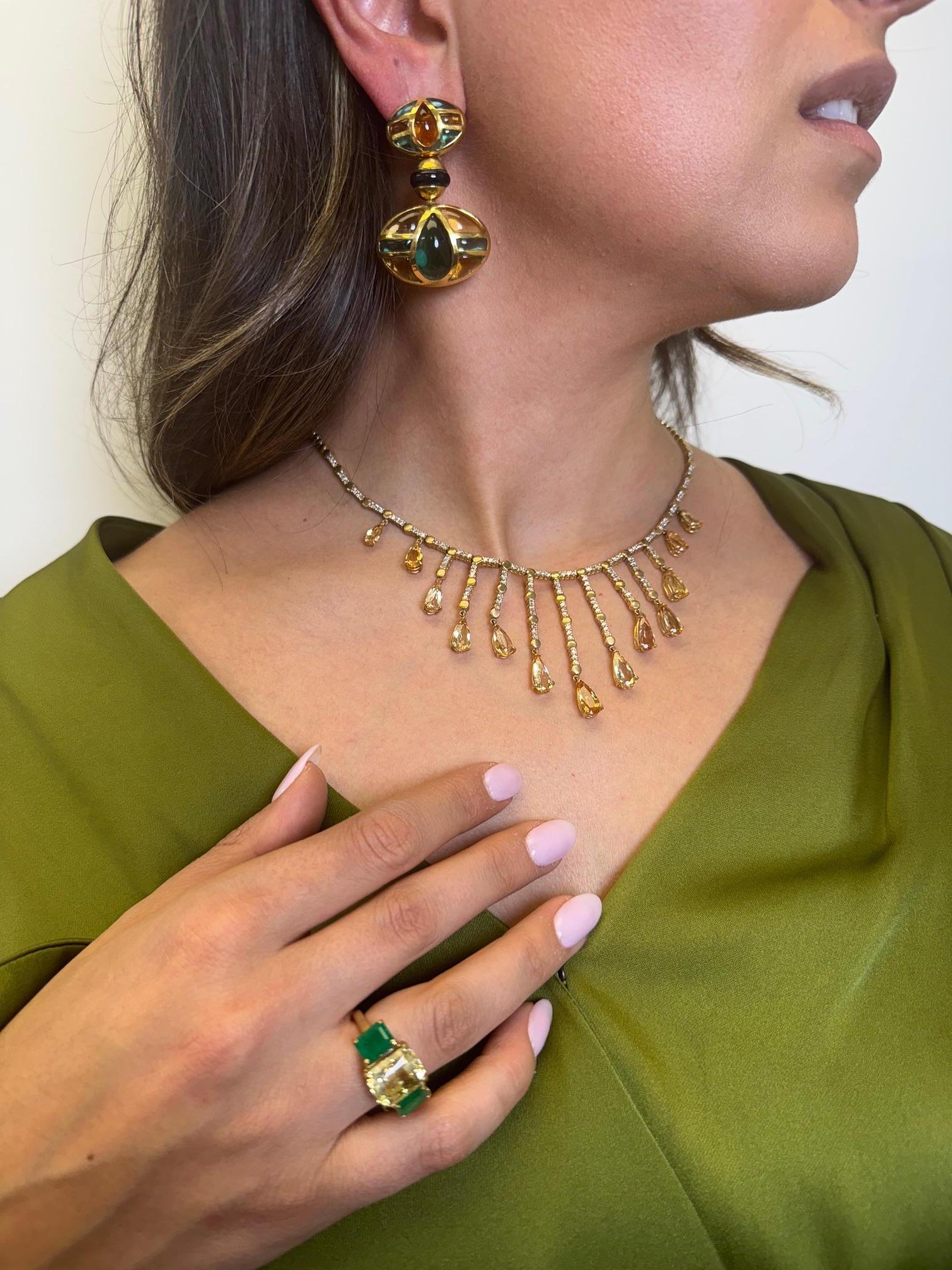 da uomo o donna Collana vintage con frange di diamanti e topazio imperiale in oro giallo 14K in vendita