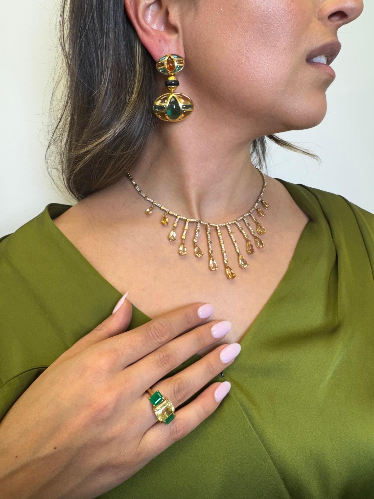 Collana vintage con frange di diamanti e topazio imperiale in oro giallo 14K in vendita 1