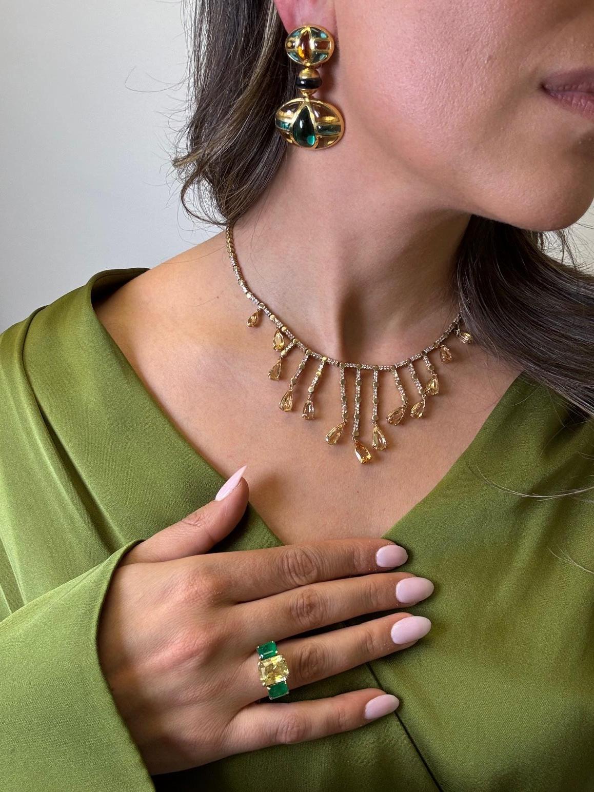 Collana vintage con frange di diamanti e topazio imperiale in oro giallo 14K in vendita 12