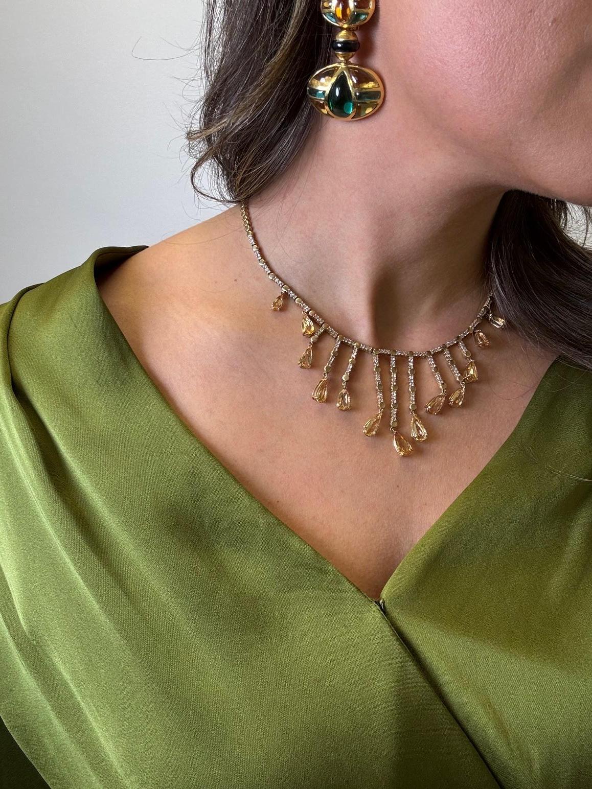 Collana vintage con frange di diamanti e topazio imperiale in oro giallo 14K in vendita 13