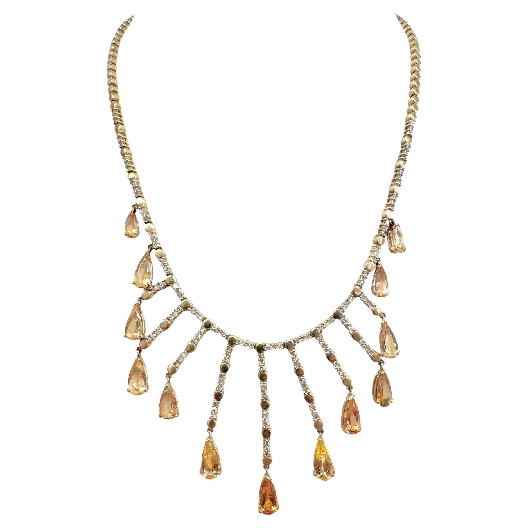Collana vintage con frange di diamanti e topazio imperiale in oro giallo 14K in vendita
