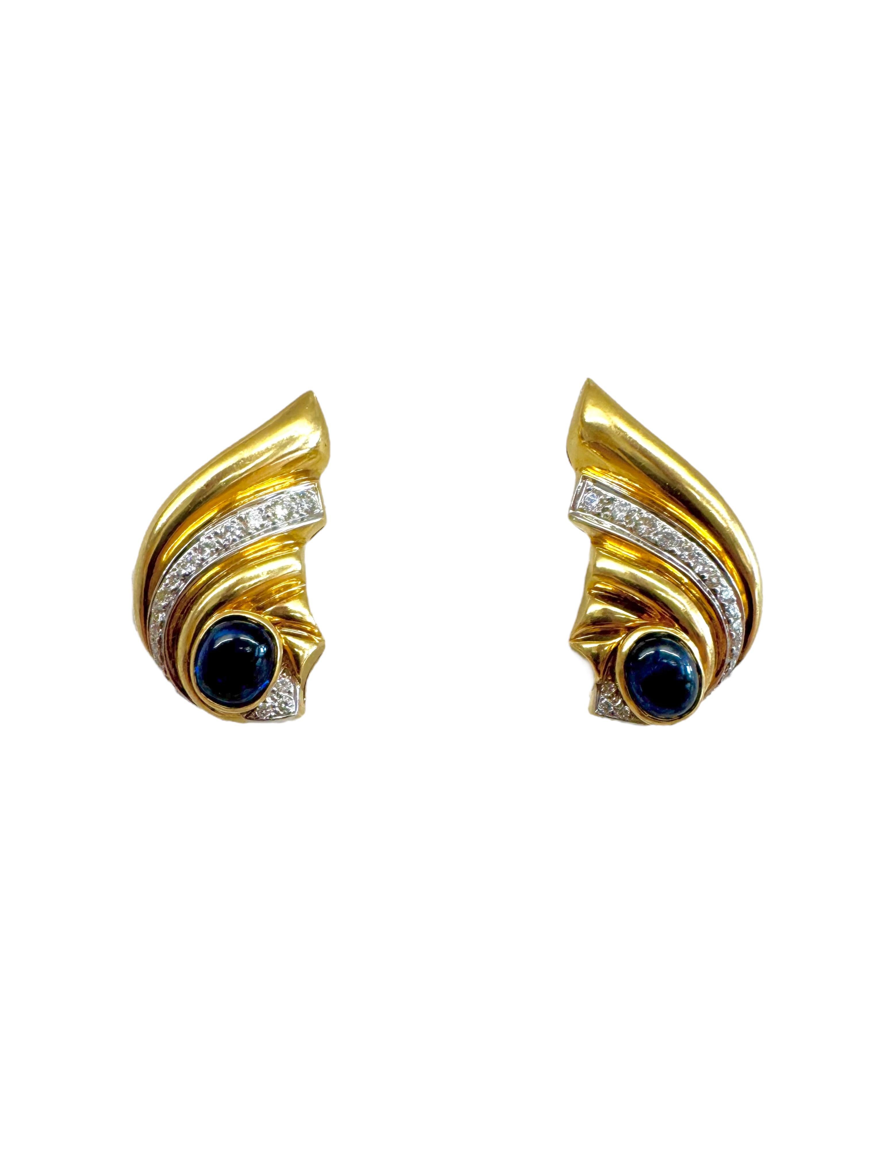 Boucles d'oreilles en or jaune 18K avec saphir cabochon et diamant en vente 2