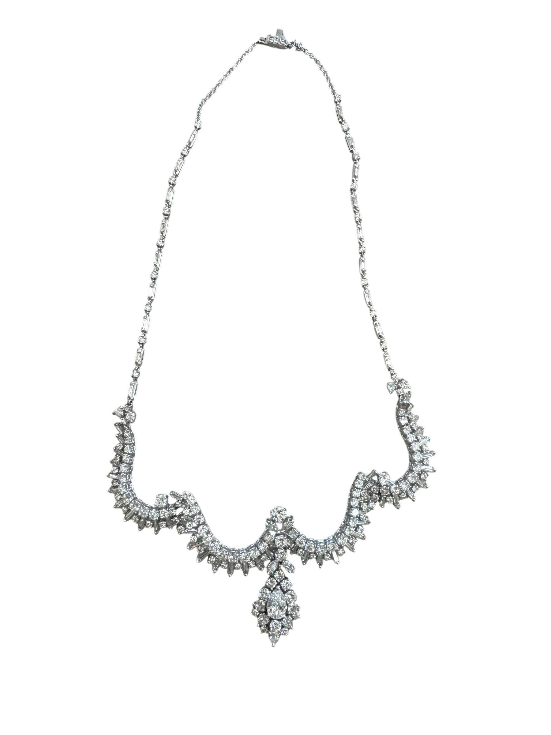 Collana di diamanti vintage in platino con pera, marquise, baguette e brilliante C.C. in vendita 15