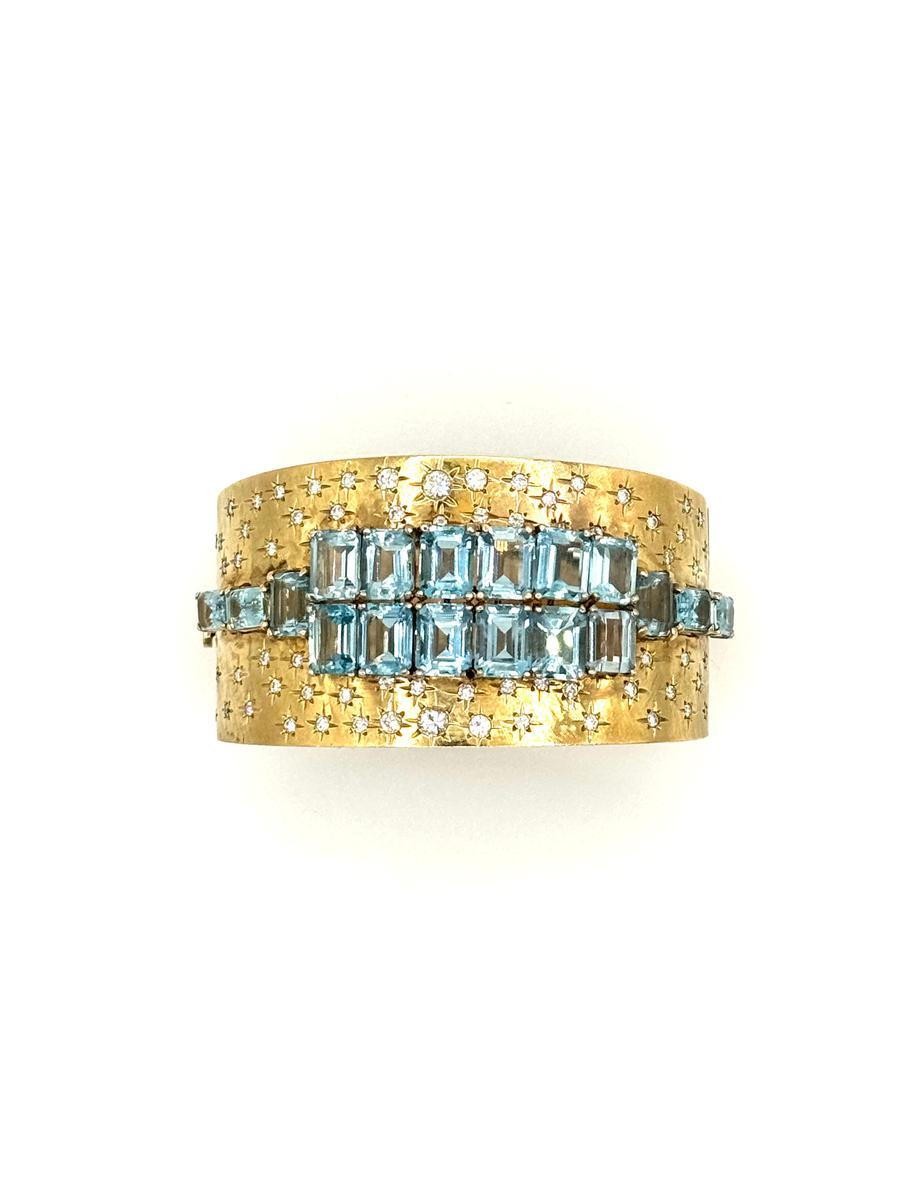 Vintage Bracelet manchette large en or jaune 18K aigue-marine et diamant Unisexe en vente